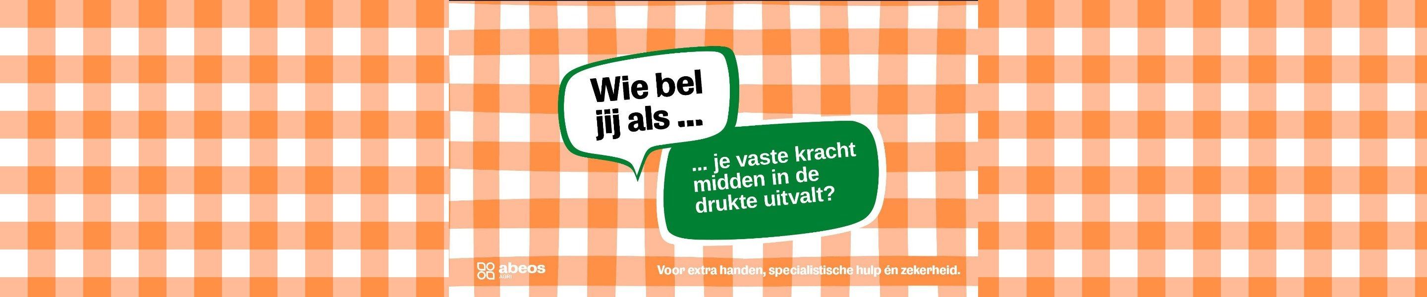 Wie bel jij als je vaste kracht midden in de drukte uitvalt? Campagnebeeld met oranje tafelkleed en groene tekstballonnen.